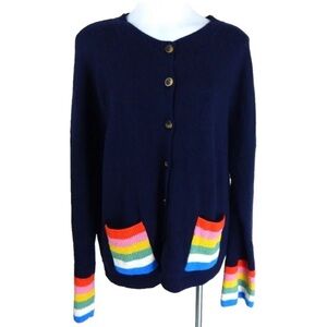Boden Rainbow Trim Navy Button Cardigan